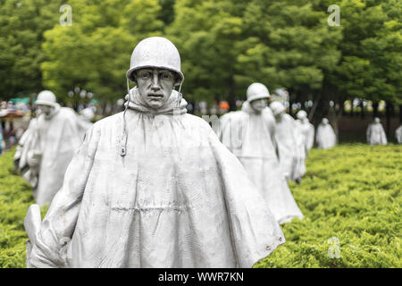 Washington DC, USA - 07. Juni 2019: Korean War Veterans Memorial in National Mall entfernt. Die Gedenkstaette erinnert an jene, die in der Koreanischen Wa serviert. Stockfoto