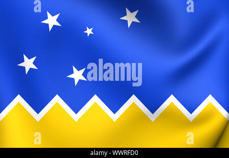 3D Flagge der Magallanes und der Antarktis Chilena Region. Hautnah. Stockfoto