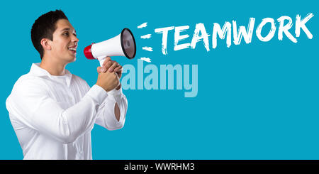 Teamwork Mannschaft zusammen zu Business Konzept Arbeit Erfolg Megaphon junger Mann arbeiten Stockfoto