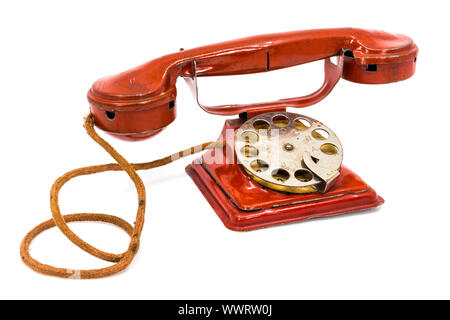 Vintage rot Blechspielzeug Telefon 1940 s Stockfoto