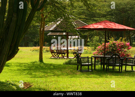 Outdoor Sommer Cafeteria von Gärten und Blumen umgeben Stockfoto