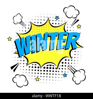 Comic Schriftzug Winter in den Sprechblasen Comic-stil flache Bauform. Dynamische Pop Art Vector Illustration isoliert auf weißem Hintergrund. Ausrufezeichen Co Stock Vektor