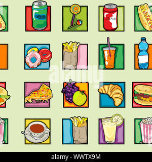 Classic clip art Symbole Muster mit Cheeseburger, Pizza, Bier, Limonade, Kaffee, Lollipop, Saft, Croissants, Französisch, Pommes, Obst, pop art Retro Grafik Stockfoto