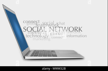 Social Networking Konzept, Laptop und Worte Stockfoto