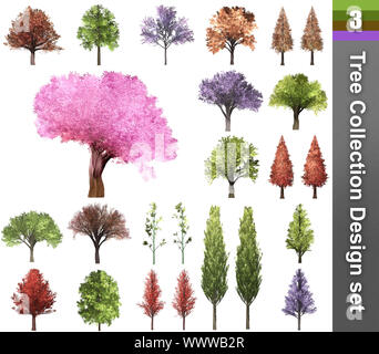 Baum Korrektur Design. 3D-Darstellung. Weißer Hintergrund isolieren. Natur und Gärten Design. Stockfoto