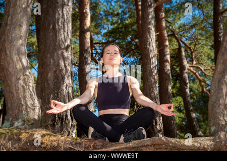 Frau in einem Wald sitzt, Yoga und Meditation. Stockfoto