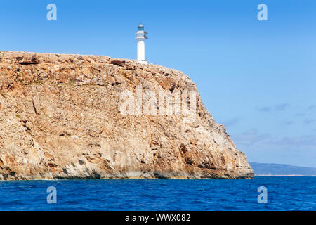 Formentera Barbaria Cape Lighthouse-Blick vom Meer Boot Stockfoto