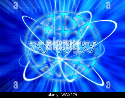Blauer WWW Internet digitale Welt Hintergrund, Konzeptbild des World Wide Web & Kommunikation Stockfoto