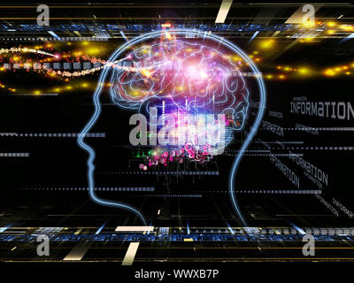 Zusammensetzung der Kopf skizziert, die Scheinwerfer und die Entwicklung des abstrakten Elemente auf das Thema der Intelligenz, Bewusstsein, logisches Denken, mentale Prozesse eine Stockfoto