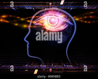 Zusammensetzung der Kopf skizziert, die Scheinwerfer und die Entwicklung des abstrakten Elemente auf das Thema der Intelligenz, Bewusstsein, logisches Denken, mentale Prozesse eine Stockfoto
