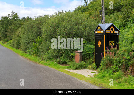 CAPPERCLEUCH, Schottland - 15. AUGUST 2019: Vintage Automobile Association am Straßenrand Aufschlüsselung callbox an der Seite eines Schottischen Country Road Stockfoto