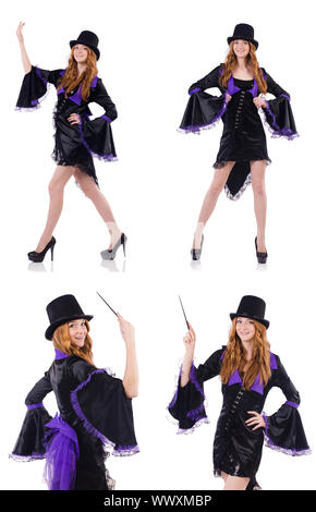 Hübsches Mädchen in lila Karneval Kleidung und Hut isoliert auf whit Stockfoto