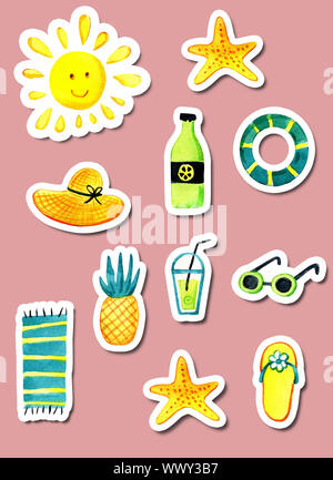 Eine Reihe von isolierten Objekten der Sommer Thema Aquarell. Stockfoto