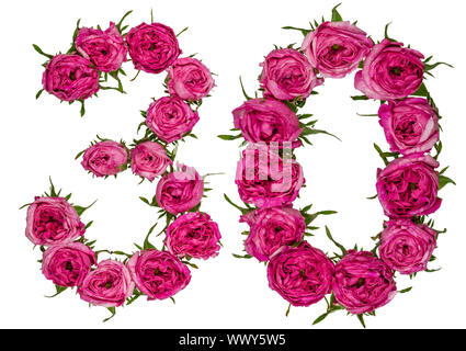 Arabische Zahlen 30, 30, von roten Blüten der Rose, auf weißem Hintergrund Stockfoto