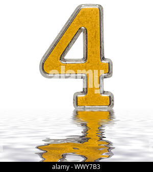 4, 4 Ziffer, auf der Wasseroberfläche reflektiert, auf Weiß, 3D-Render isoliert Stockfoto
