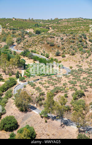 Die sich windende Straße Wicklung unter den Olivenhainen auf den Hügeln. Baixo Alentejo. Portugal Stockfoto