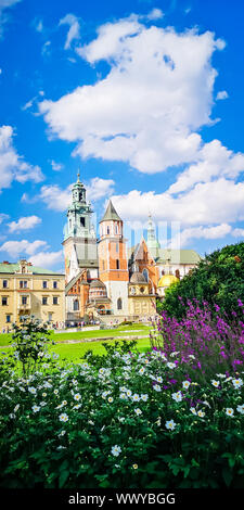 Mittelalterliches Schloss Wawel in Krakau, Polen. Basilika St. Stanislaw und Vaclav oder Kathedrale auf dem Wawel Wawel mit bunten Blumen im Vordergrund Stockfoto