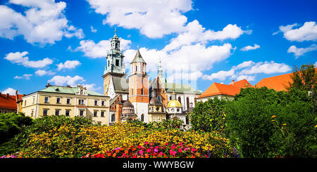 Mittelalterliches Schloss Wawel in Krakau, Polen. Basilika St. Stanislaw und Vaclav oder Kathedrale auf dem Wawel Wawel mit bunten Blumen im Vordergrund Stockfoto