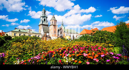 Mittelalterliches Schloss Wawel in Krakau, Polen. Basilika St. Stanislaw und Vaclav oder Kathedrale auf dem Wawel Wawel mit bunten Blumen im Vordergrund Stockfoto