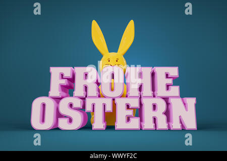 Die worte Frohe Ostern in deutscher Sprache mit einem gelben Bunny im Hintergrund Stockfoto