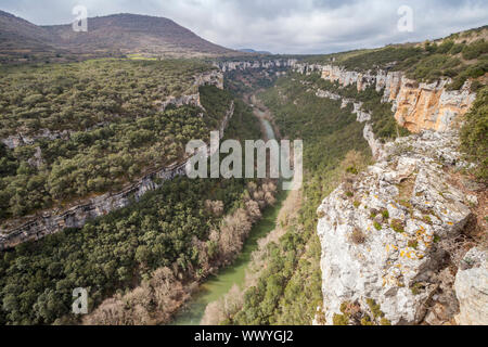 Sicht des Flusses Ebro Canyon in der Nähe von Pesquera de Ebro Dorf, Paramos region, Burgos, Spanien Stockfoto