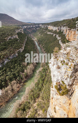 Sicht des Flusses Ebro Canyon in der Nähe von Pesquera de Ebro Dorf, Paramos region, Burgos, Spanien Stockfoto