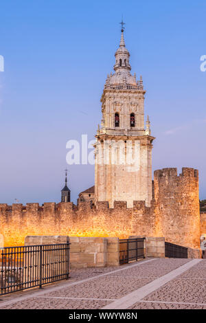 Die Alte Brücke und die Kathedrale von La Asuncion in El Burgo de Osma Dorf, Soria, Spanien Stockfoto