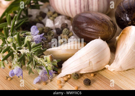 Kräuter und Gewürze Knoblauch, rosematy, Lorbeer, Pfeffer, alt, Muskatnuss, Vanille, Kardamom Stockfoto