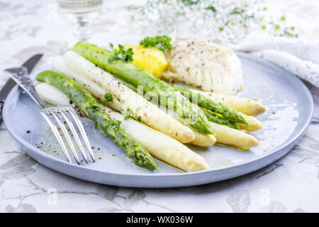Dorsch Filet mit grünem und weißem Spargel und Kartoffeln als Top-Ansicht auf einer Platte Stockfoto
