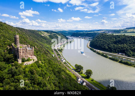 Burg Maus mit Blick auf den Rhein, UNESCO Welterbe Mittelrheintal, Rheinland-Pfalz, Deutschland, Europa Stockfoto
