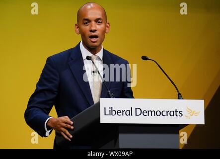 Bournmouth, UK. 16 Sep, 2019. Bournemouth, UK: Chuka Umunna MP, Sprecher für die Treasury- und Geschäftsadressen 2019 der liberale Demokrat Herbst Konferenz an der Bournemouth International Centre am Montag, 19.09.16, 2019. Bild von der Credit: Julie Edwards/Alamy leben Nachrichten Stockfoto