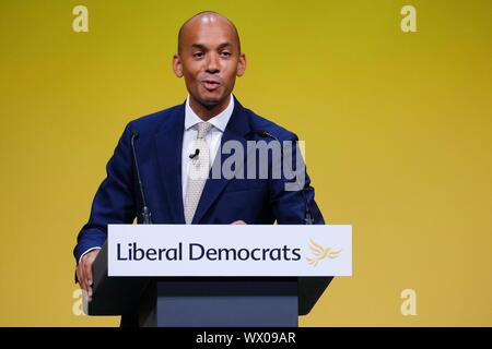 Bournmouth, UK. 16 Sep, 2019. Bournemouth, UK: Chuka Umunna MP, Sprecher für die Treasury- und Geschäftsadressen 2019 der liberale Demokrat Herbst Konferenz an der Bournemouth International Centre am Montag, 19.09.16, 2019. Bild von der Credit: Julie Edwards/Alamy leben Nachrichten Stockfoto