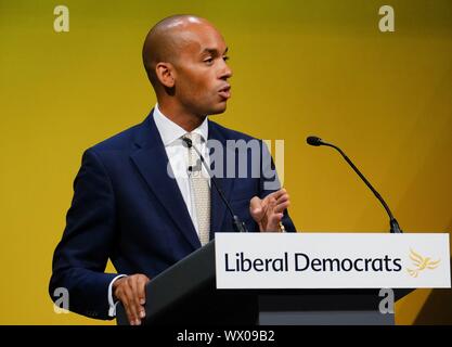 Bournmouth, UK. 16 Sep, 2019. Bournemouth, UK: Chuka Umunna MP, Sprecher für die Treasury- und Geschäftsadressen 2019 der liberale Demokrat Herbst Konferenz an der Bournemouth International Centre am Montag, 19.09.16, 2019. Bild von der Credit: Julie Edwards/Alamy leben Nachrichten Stockfoto