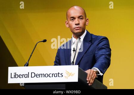 Bournmouth, UK. 16 Sep, 2019. Bournemouth, UK: Chuka Umunna MP, Sprecher für die Treasury- und Geschäftsadressen 2019 der liberale Demokrat Herbst Konferenz an der Bournemouth International Centre am Montag, 19.09.16, 2019. Bild von der Credit: Julie Edwards/Alamy leben Nachrichten Stockfoto