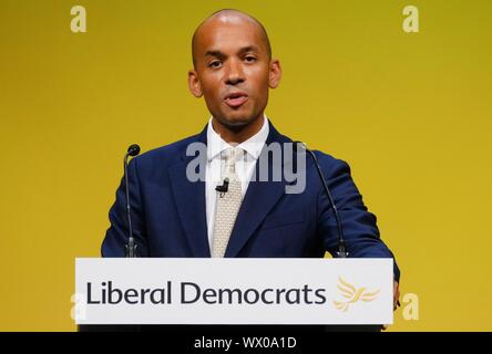 Bournmouth, UK. 16 Sep, 2019. Bournemouth, UK: Chuka Umunna MP, Sprecher für die Treasury- und Geschäftsadressen 2019 der liberale Demokrat Herbst Konferenz an der Bournemouth International Centre am Montag, 19.09.16, 2019. Bild von der Credit: Julie Edwards/Alamy leben Nachrichten Stockfoto