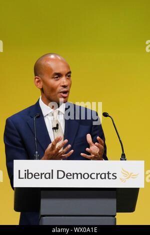 Bournmouth, UK. 16 Sep, 2019. Bournemouth, UK: Chuka Umunna MP, Sprecher für die Treasury- und Geschäftsadressen 2019 der liberale Demokrat Herbst Konferenz an der Bournemouth International Centre am Montag, 19.09.16, 2019. Bild von der Credit: Julie Edwards/Alamy leben Nachrichten Stockfoto