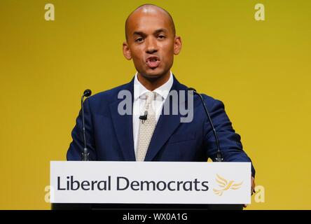 Bournmouth, UK. 16 Sep, 2019. Bournemouth, UK: Chuka Umunna MP, Sprecher für die Treasury- und Geschäftsadressen 2019 der liberale Demokrat Herbst Konferenz an der Bournemouth International Centre am Montag, 19.09.16, 2019. Bild von der Credit: Julie Edwards/Alamy leben Nachrichten Stockfoto