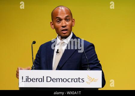 Bournmouth, UK. 16 Sep, 2019. Bournemouth, UK: Chuka Umunna MP, Sprecher für die Treasury- und Geschäftsadressen 2019 der liberale Demokrat Herbst Konferenz an der Bournemouth International Centre am Montag, 19.09.16, 2019. Bild von der Credit: Julie Edwards/Alamy leben Nachrichten Stockfoto