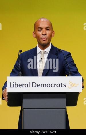 Bournmouth, UK. 16 Sep, 2019. Bournemouth, UK: Chuka Umunna MP, Sprecher für die Treasury- und Geschäftsadressen 2019 der liberale Demokrat Herbst Konferenz an der Bournemouth International Centre am Montag, 19.09.16, 2019. Bild von der Credit: Julie Edwards/Alamy leben Nachrichten Stockfoto