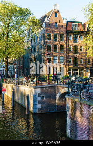 Goldene Stunde Licht auf alten Giebelhäuser Gebäude, Brouwersgracht, Kanal, Amsterdam, Nordholland, Niederlande, Europa Stockfoto