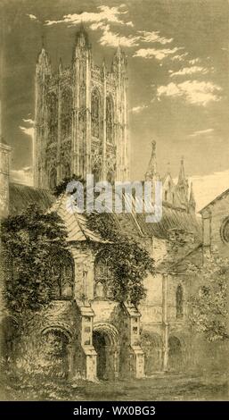 Der Wasserturm, der Kathedrale von Canterbury, Canterbury, Kent, 1885. Ansicht des achteckigen Norman Wasserturm, in der 1160 gebauten, mit Laub bewachsen. Aufwändige hund Zahn Bögen können im Erdgeschoss gesehen werden, während der obere Bereich später ist, neu gebaut 1391-1410. Gespeicherte Wasser in einem großen Tanks wurde von Mönchen genutzt, um ihre Hände auf dem Weg in die Kathedrale waschen, Trinken und Kochen und für die Beseitigung von Abwasser. Während des 19. Jahrhunderts wurde das Gebäude fälschlicherweise als Taufkapelle beschrieben. Stockfoto