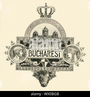 "Bukarest", Ende des 19. Anfang des 20. Jahrhunderts. Dekorative Wappen für die Stadt Bukarest, die Hauptstadt von Rumänien, unter dem Motto: "Patria Si Dreptul Meu" (die Heimat und meinen Rechten). Oben ist ein Pearl-Krone verkrustete, und unter dem Motto ist eine byzantinische Kirche, mit Delphine flankieren den zentralen Bedienfeld und Medaillon Portraits von Heiligen Konstantin und Helena, der römische Kaiser Konstantin der Große (272-337 AD) und seine Mutter Helena (c 246-330 AD). An der Unterseite ist der Kopf ein Stier. Stockfoto