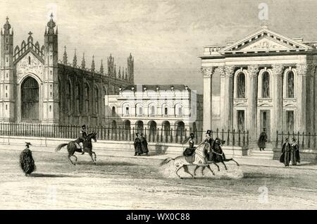 "King's College Chapel, Universität Bibliothek & Amp; Senat House, Cambridge', c.1835. Gotische und klassizistische Gebäude: King's College Chapel, die Bibliothek, Senat und House. Von "Kuriositäten von Großbritannien. England &Amp; Wales abgegrenzt" von Thomas Schmidt. Stockfoto