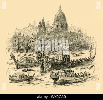 "Eine grosse Prozession von geschmückten Kähne von Whitehall, Limehouse', (1907). King George ich ein Konzert auf der Themse in London gewünscht, und Händel komponierte die "Water Music", eine Sammlung von orchestralen Bewegungen, in der Antwort. Es wurde erstmals am 17. Juli 1717 ausgeführt: "Eine königliche Unterhaltung auf der Themse vereinbart wurde, in der es eine große Prozession von geschmückten Kähne von Whitehall, Limehouse. Ein Orchester zur Verfügung gestellt wurde, und Händel wurde vom Herrn Chamberlain gebeten, die Musik für die f&#xea zu komponieren; te'. Von "Story-Lives Musikern", die von F.J. Rowbotham. Stockfoto