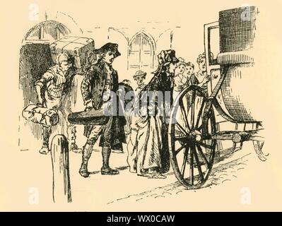 "Die Beförderung, die zu vermitteln die Reisenden bis zog an der Tür" (1907). Der junge Mozart und seine Mutter verlassen Salzburg in Österreich:" ... am frühen Morgen des 23. September 1777, die Beförderung, die zu vermitteln die Reisenden ausgearbeitet hat, der an der Tür der Leopold's House." Eine Episode aus dem Leben des österreichischen Komponisten Wolfgang Amadeus Mozart (1756-1791). Von "Story-Lives Musikern", die von F.J. Rowbotham. [Wells Gardner, Darton &Amp; Co. Ltd, London, 1907] Stockfoto