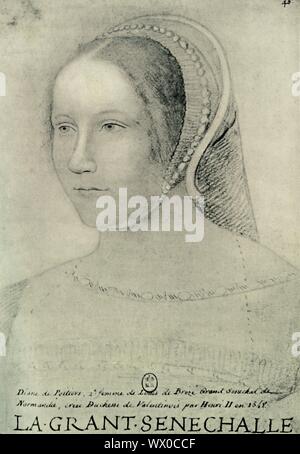 Diane de Poitiers, 1525, (1907). Portrait von Diane de Poitiers (1499-1566), französische Adlige und Chief Herrin von Heinrich II. von Frankreich. Von "Exposition de Porträts, peints et Dessin&#xe9;s" (Ausstellung der gemalten und gezeichneten Portraits), Katalog der Biblioth&#xe8; que Nationale, April-Juni 1907. [Librairie Centrale des Beaux-Arts, Paris, 1907] Stockfoto