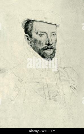 Gaspard II. de Coligny, c 1565-1570, (1907). Portrait von französischen Hugenotten admiral Gaspard de Coligny (1517-1572). Bereits von einem früheren Versuch auf seinem Leben verletzt, Coligny war in seinem Zimmer in der Präsenz der Katholischen Duc de Guise in der St. Bartholomäus Tag Massaker am 23. August 1572 ermordet. Danach wird das Massaker verbreitete zu gewöhnlichen Hugenotten, zunächst in Paris, später aber über viel des Landes, mit der Katholischen Mobs die Ermordung von Zehntausenden von Protestanten. Nach einer Malerei 1565-1570 von Fran &#xe7; ois Clouet, im Saint Louis Art Museum, Missouri, USA. Von "Exposition de Stockfoto