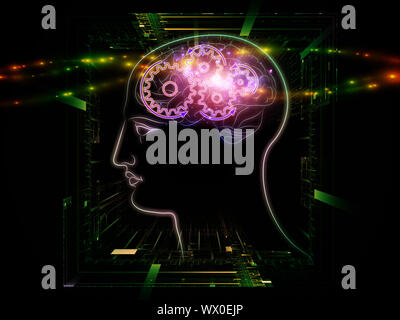 Hintergrund Design von Kopf skizziert, die Scheinwerfer und die Entwicklung des abstrakten Elemente auf das Thema der Intelligenz, Bewusstsein, logisches Denken, mentale Verfahren Stockfoto
