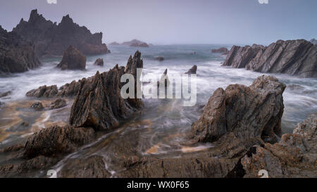 Schroffen Felsvorsprüngen auf die dramatische Küste von North Devon, Devon, England, Vereinigtes Königreich, Europa Stockfoto