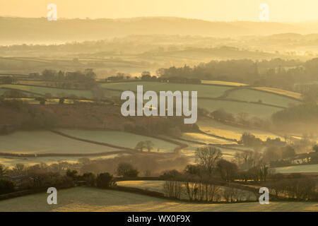 Die hügelige Landschaft in der Nähe von Moretonhampstead in der Morgendämmerung, Nationalpark Dartmoor, Devon, England, Vereinigtes Königreich, Europa Stockfoto